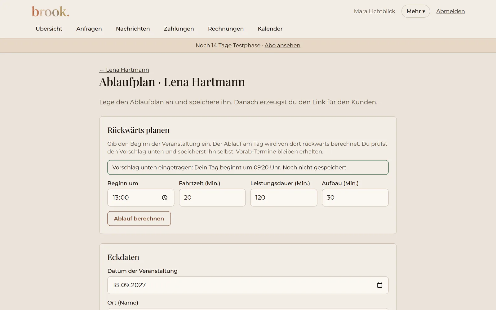 Ablaufplan-Editor mit Rückwärtsplanung ab der Startzeit