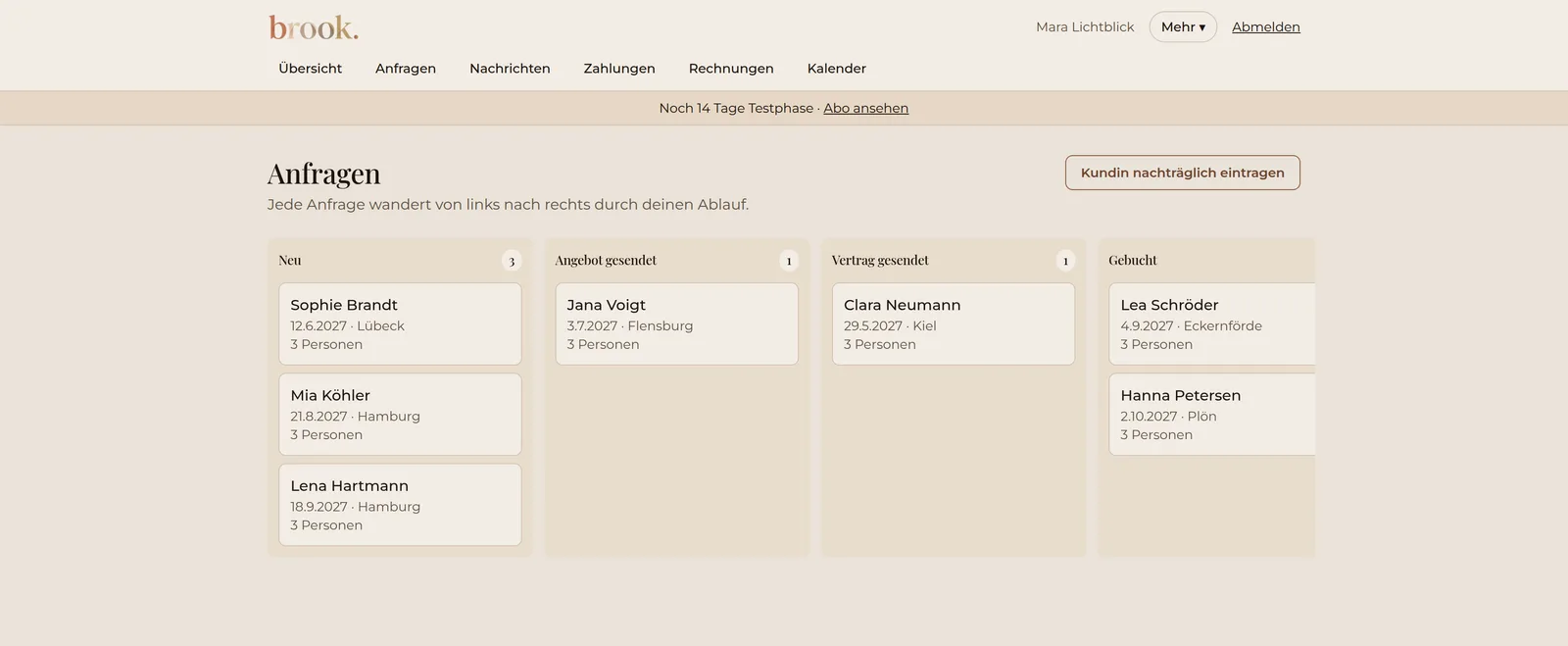 Anfragen-Board mit Spalten von Neu bis Gebucht