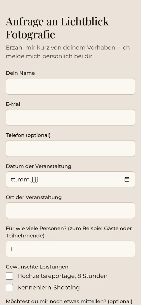 Anfrageformular mit Logo und Wunschleistungen