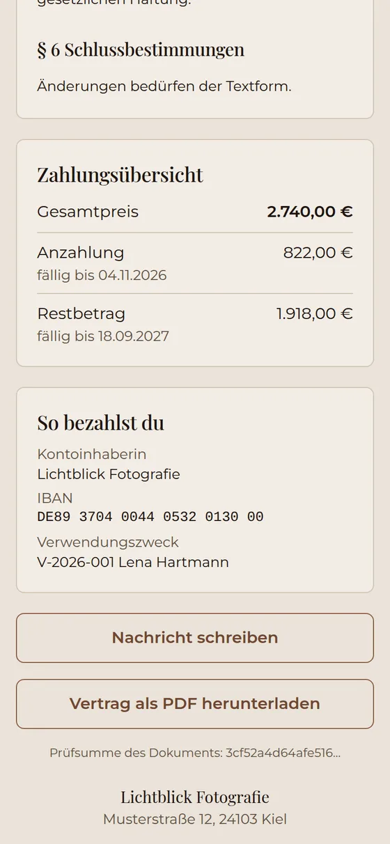 Vertrag mit Zahlungsübersicht und Bankdaten